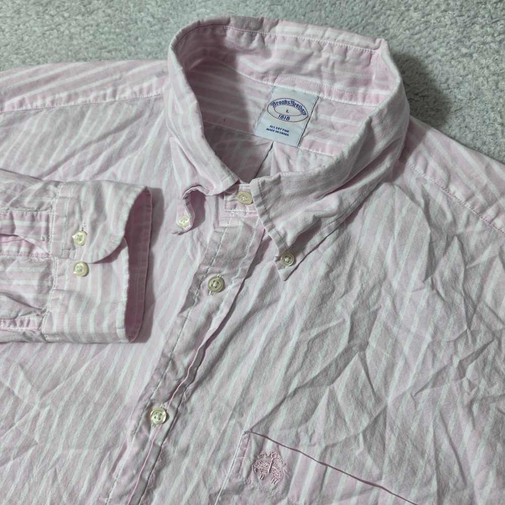 Brooks Brothers Button Down Mens L Pink Striped L/S Cotton Ultra Lightweight LGO